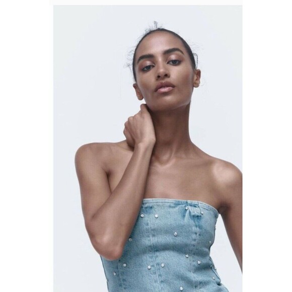 ZARA LIMITED EDITION REINSTONE CORSET SS23‎ MID-BLUE DENIM  SIZE S - Picture 1 of 9